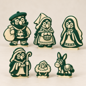 Pack conceptual de seis figuras de belén en relieve 3D, verde y marfil